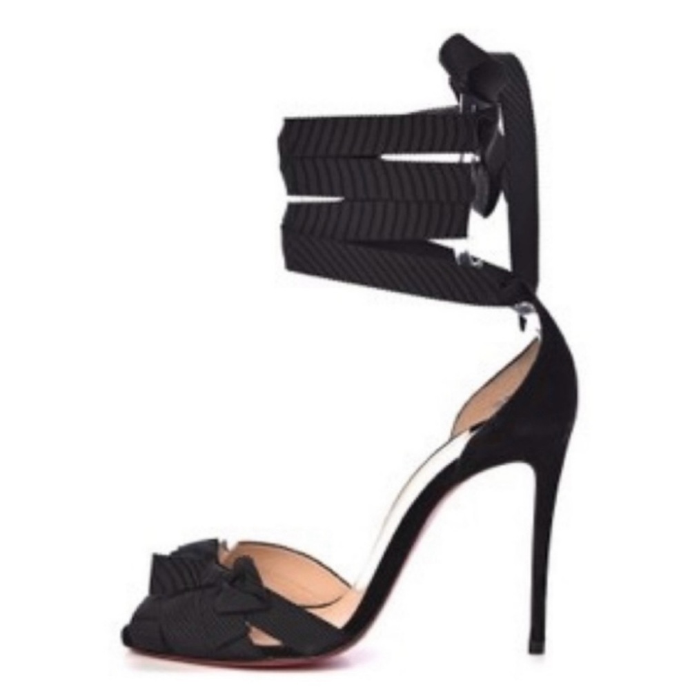 Christian Louboutin Black Peep-Toe ribbon-strapped Heels - Picture 8 of 13